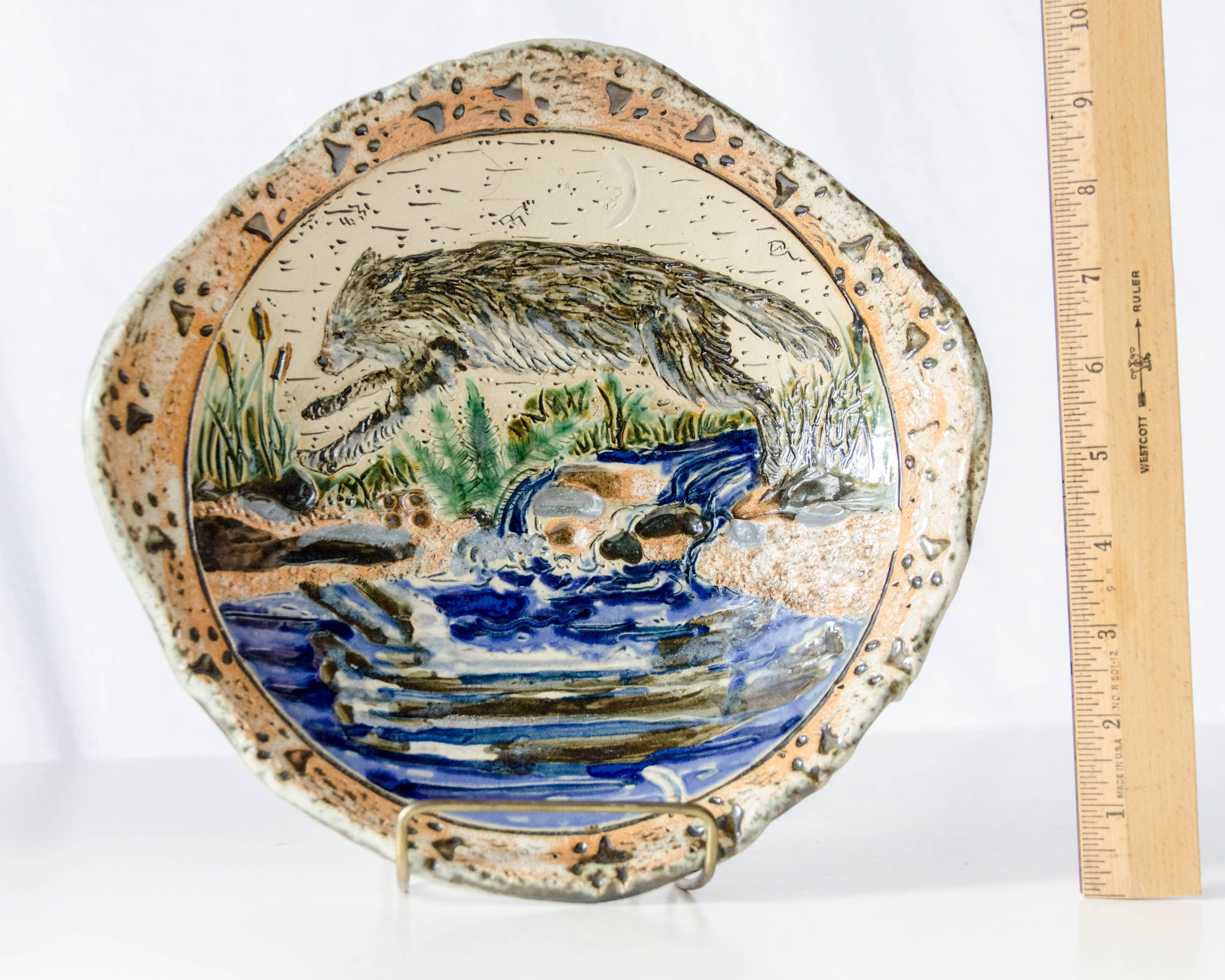 Grey Wolf Pottery Dish Handbuilt Stoneware Bowl Wolf Art Etsy