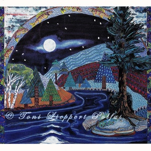 Carte postale moderne, art de l'ours noir, pleine lune, papier reproduction de peinture aquarelle originale, northwoods paysage, cabine, décoration, art de truite