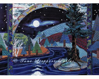 Modern Postcard, Black Bear art, Full Moon, print reproduction of original watercolor painting, northwoods landscape, cabin decor, trout art