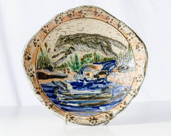 Grey Wolf Pottery Dish, Handbuilt Stoneware Bowl, Wolf Art, Arctic Artwork, Wolf Jumping with Reflection and Waterfall, Wolf Moon Bowl