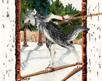Cross Country Skiing Wolf Painting, reproduction of original watercolor painting, skiing art, wolf art, nordic skiing, woodland animal, folk