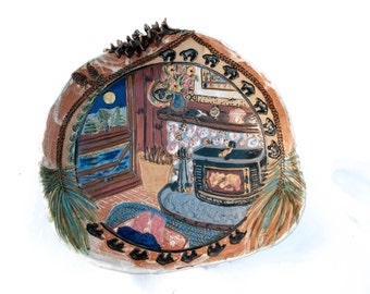 Large Ceramic Bowl with Pinecone, Stoneware Pottery, Northwoods Decor, Lodge Decor, Rustic Pottery, Pierre Bonnard, Black Bear Art