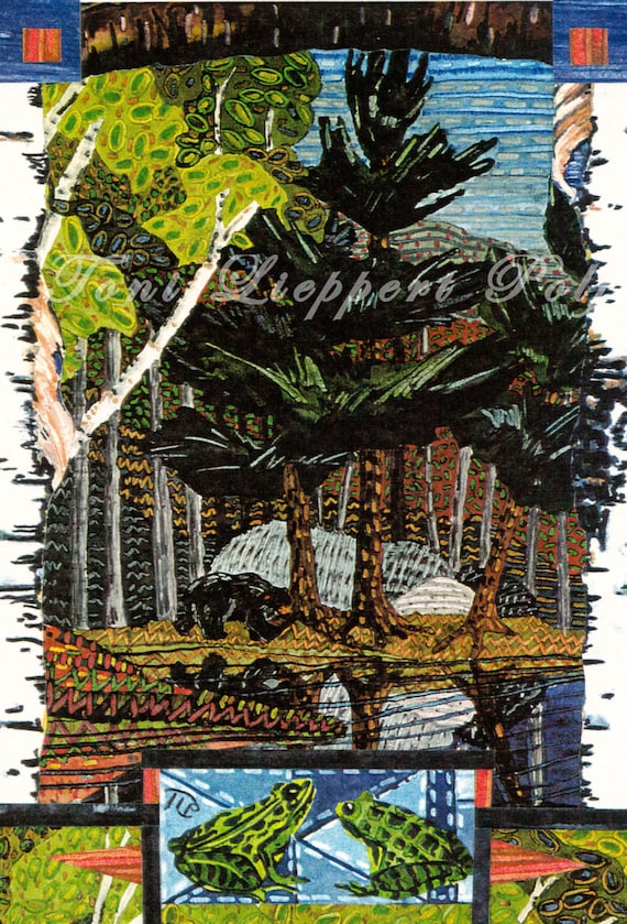 Art Print, Wood Frog Painting, reproduction of original watercolor collage painting, bear art, northwoods landscape painting, cabin decor