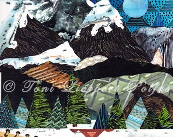 Rocky Mountain Painting, print of original watercolor collage painting, mountain art, Colorado artwork, lodge decor, winter art, folk art