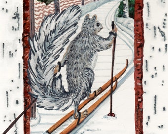 Gray Squirrel Cross Country Skiing, reproduction of original watercolor painting, squirrel art, nordic skiing, ski art, woodland animal