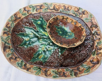 Oak and acorn serving platter and small dip bowl