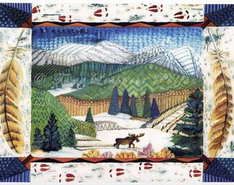 Colorado Landscape Painting, matted reproduction of original watercolor painting, moose painting, lodge decor, owl feathers, Colorado art