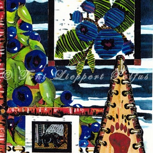 Pittura di mirtillo, Adirondack stile stampa di acquerello Collage dipinto originale, arredamento rustico, arredamento cabina, arte di corteccia di betulla