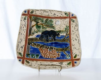 Black Bear Reflection Pottery Dish, Handbuilt Stoneware Bowl, Geometric Bear Art, Black Bear Ceramic Bowl with Blueberries, Bear Artwork