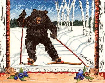 Cross Country Skiing Black Bear Painting, reproduction of original watercolor painting, skiing art, bear art, nordic skiing, woodland animal