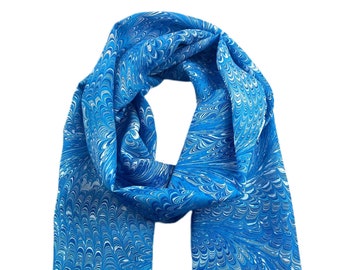 Marbled Hand Painted Unique Long Silk Scarf Gift for Women Blue Swirl