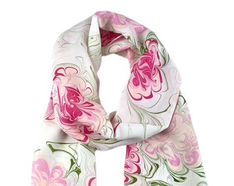 Floral Hand Painted Silk Scarf One of a Kind Marbled Gift for Women Unique Gift for Holidays