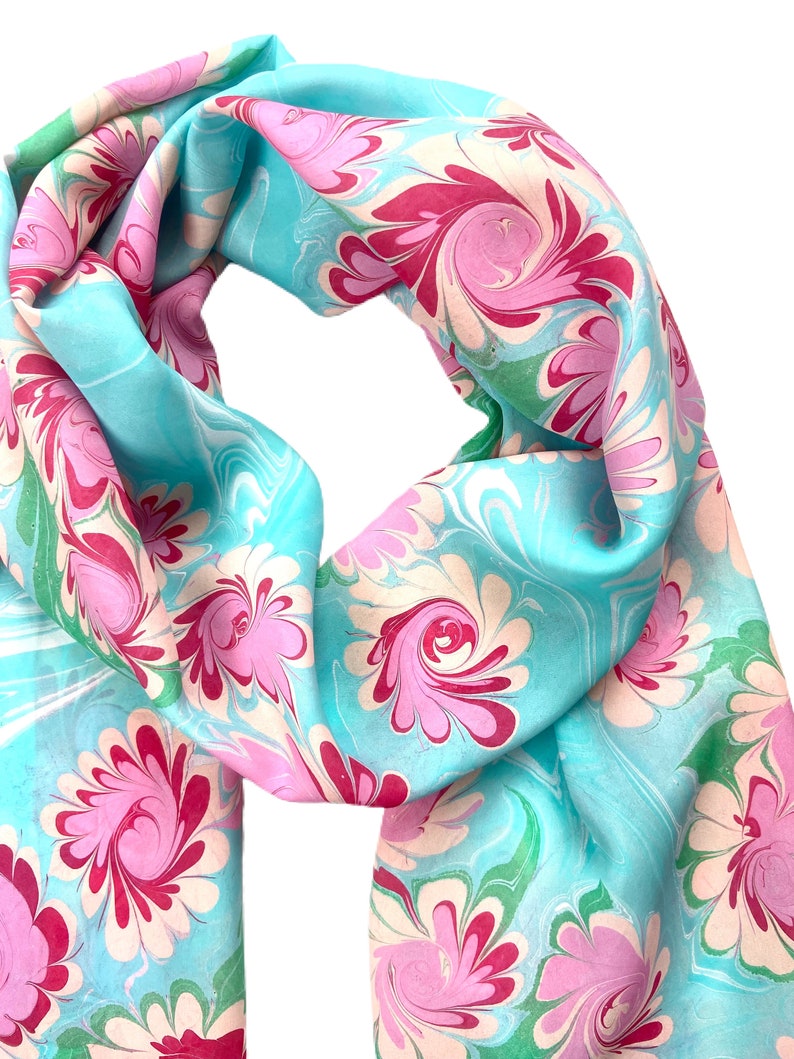 Floral Hand Painted Silk Scarf One of a Kind Marbled Gift for Women ...
