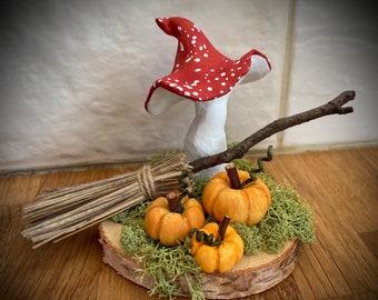 Whimsical toadstool and pumpkin patch Halloween decor ornament