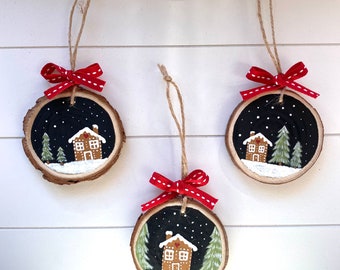 Hand painted Gingerbread house scene wood slices - set of 3 Christmas decorations for the tree