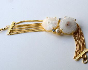 Raw Druzy Gold Bracelet: Pearl & Cubic Zirconia Gemstone Jewelry, Unique Bracelet, One Of A Kind, Goddess Bracelet, Chunky Bracelet