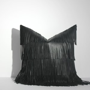 Fringe Pillow in Black, Black Faux Leather Fringe, Glam Home Décor, Luxury Toss Pillow, Embellished Pillow, Contemporary Modern Throw Pillow