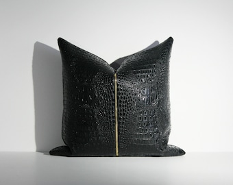 Black Crocodile Embossed Pillow with Gold Zipper, Luxury Home Décor