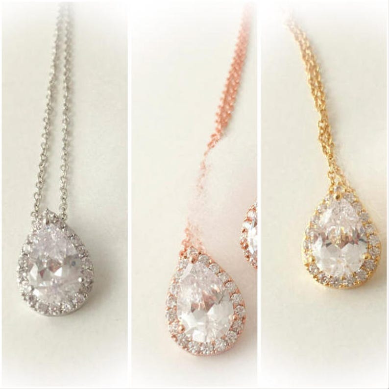 teardrop necklace CZ bridal necklace in rose gold Bridesmaid necklace bridesmaid jewelry gold or silver
