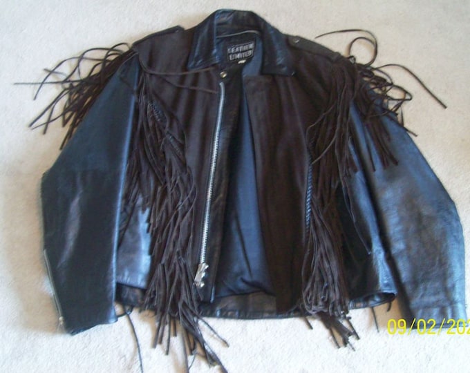 Size Large 69.95 BlackBrown Suede Leather Fringed Motorcycle Jacket FREE SHIPPING