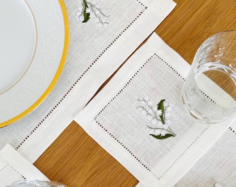 Embroidered Linen Coasters, Lily of the Valley, Set of 6