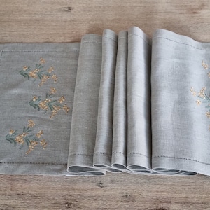 Gray Linen Table Runner: Sea Buckthorn Embroidery, Hemstitch Edge