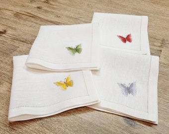 White linen napkins with butterfly embroidery, Hemstitched dinner napkins, Table linens, set of 4 napkins