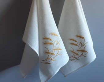 Linen Tea towel with wheat embroidery, White linen kitchen towel, Embroidered dish towel, Wheat embroidery