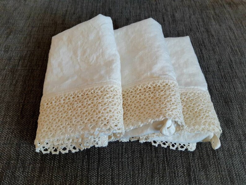 Linen Towel Set White Linen and Lace Towel Set of 3 Washed Etsy