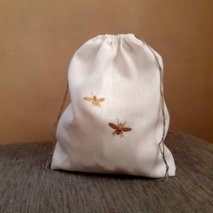 Linen Pouch bag, Bee or Butterflies Embroidered laundry bag, Travel lingerie bag, Drawstring laundry bag, custom storage bag handmade