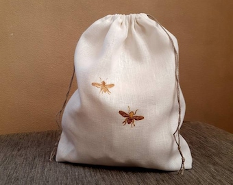 Linen Pouch bag, Bee or Butterflies Embroidered laundry bag, Travel lingerie bag, Drawstring laundry bag, custom storage bag handmade