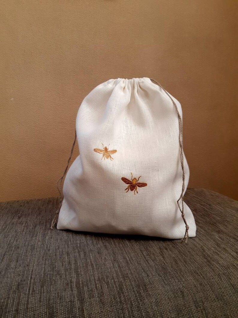 Linen Pouch Bag Bee or Butterflies Embroidered Laundry Bag Etsy