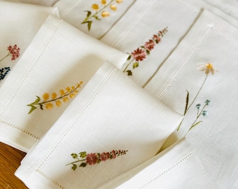Embroidered Linen Placemats and Napkins Set: Meadow Wildflower Design, Eco Table Linens