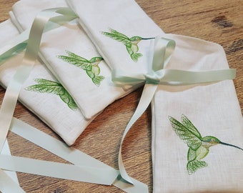 Linen  bags with hummingbird embroidery, Candy bags, Gift bags,  Birthday gift bags, set of 5