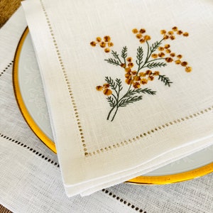 Linen dinner napkin with Sea buckthorn embroidery, Hemstitched napkin, White linen napkin, Organic cloth napkin, Birthday gift image 2