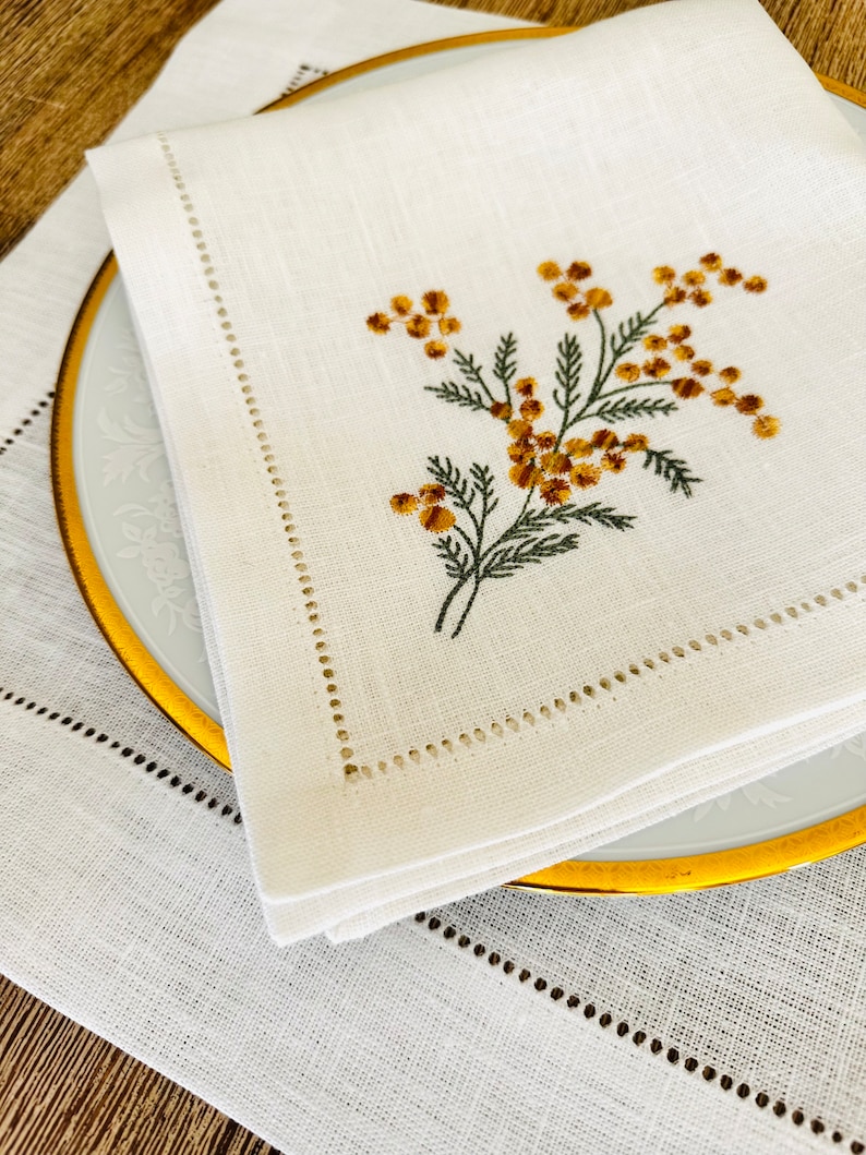 Linen dinner napkin with Sea buckthorn embroidery, Hemstitched napkin, White linen napkin, Organic cloth napkin, Birthday gift image 2