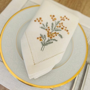 Linen dinner napkin with Sea buckthorn embroidery, Hemstitched napkin, White linen napkin, Organic cloth napkin, Birthday gift image 6