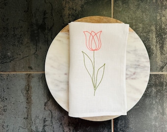 Linen tea towel with Tulip flower embroidery, Linen kitchen towel, White dish towel, Linen hand towel