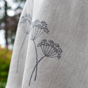 Gray Linen Round Tablecloth: Embroidered Dill Design