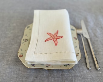Linen dinner napkins with starfish embroidery, Sea life napkin, white linen napkin