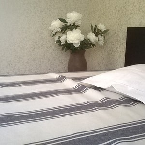 Stripped Linen bed sheet, pure linen white bed sheet