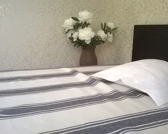 Stripped Linen bed sheet, pure linen white bed sheet