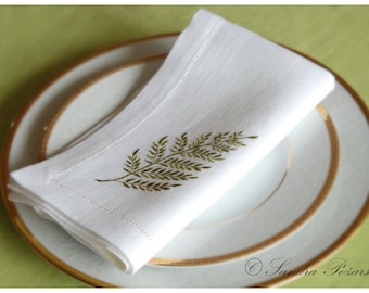 Natural linen embroidered napkins, napkins with leaf embroidery, country style napkins, eco living, set of napkins