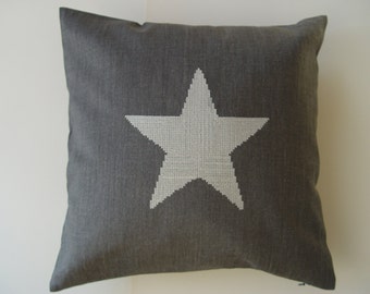 Natural linen cushion cover 16x16 inch with cross stich embroidered star, heart pillow, linen pillow, eco friendly