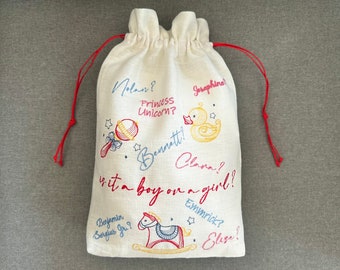 Personalized White Linen Baby Shower Bag with Embroidered Baby Names