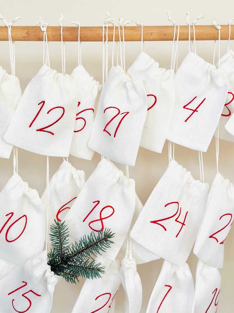 Embroidered Linen Advent Calendar, Advent Calendar to Fill Off white