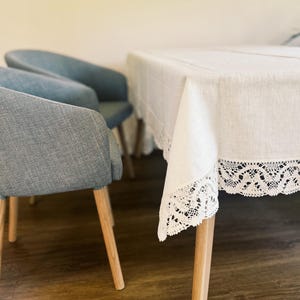 Pure linen tablecloth with linen lace all around 165x265 cm / 65x104 inches, white linen dinner tablecloth