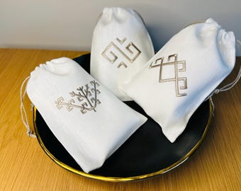 Embroidered Linen Gift Bags with Latvian Symbols – Set of 5 or Single