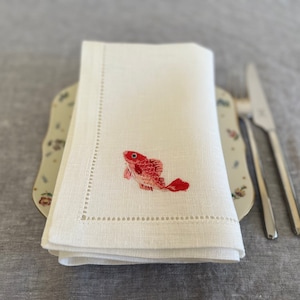 Linen dinner napkins with fish embroidery, Sea life napkin, white linen napkin