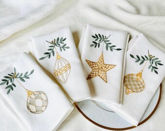 Embroidered Linen Christmas Napkins • Set of 4 • Gold Ornament Design napkins